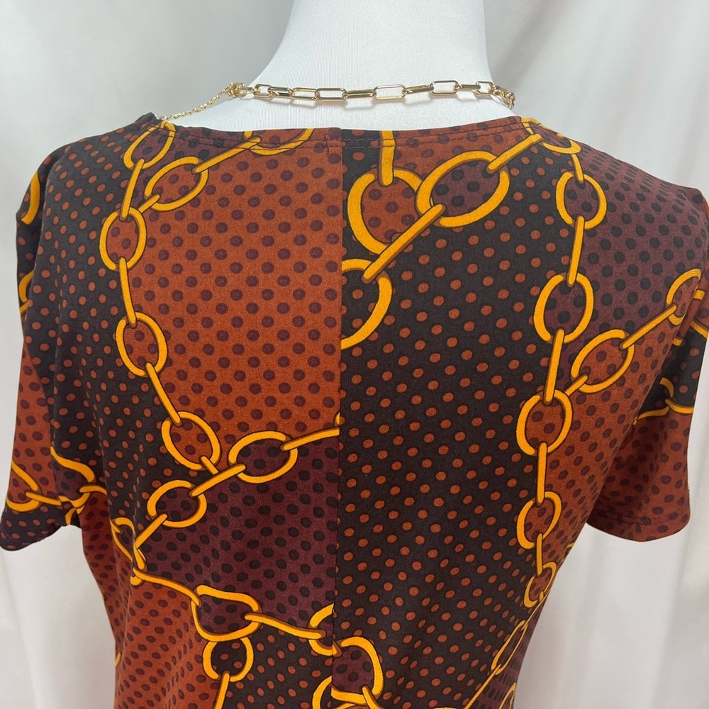 Chain Print Brown polkadot Dress stretchy flowy short sleeve women’s size M - Picture 9 of 15